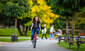Eine Frau fährt Fahrrad durch einen Park